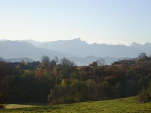 a field with trees and mountains in the background at Chez Pierre et Germaine in Saint-Maurice-de-Rotherens