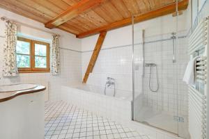 a bathroom with a shower and a tub and a sink at Zweilindenhof in Seeshaupt +103 photos