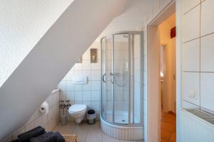 a bathroom with a shower and a toilet at Schwarzwaldnest in Bad Wildbad
