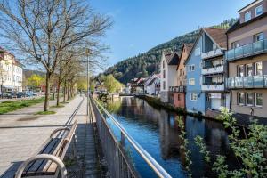 a river in the middle of a city with buildings at Schwarzwaldnest in Bad Wildbad
