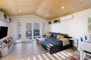 a living room with a couch and a tv at Madera Concordiasee in Friedrichsaue
