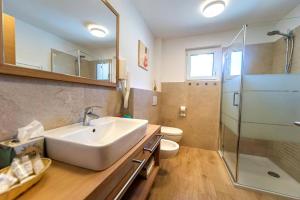 a bathroom with a sink and a shower and a toilet at Gass Apartment A in Laion +22 photos