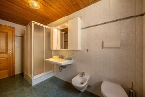 a bathroom with a sink and a toilet and a mirror at Thalhof Laugen in Ultimo +11 photos
