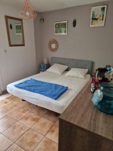 a bedroom with a bed with a blue blanket on it at Gite l'Embellido in Mouriès
