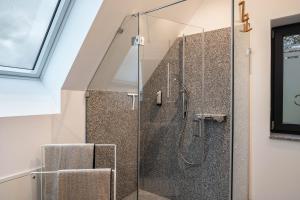 a bathroom with a shower with a glass door at Waldlux Luxus-Chalet Brennhus in Kappelrodeck