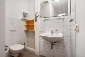a white bathroom with a toilet and a sink at Alte Seifensiederei - Ferienloft in Stralsund +18 photos
