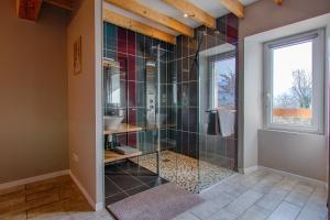 a bathroom with a shower with glass walls at Gîte Ludomi in Vercheny +18 photos