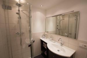 a bathroom with a shower and a sink and a mirror at Ferienwohnung Dr Saretz in Bodman