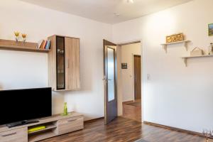 a living room with a flat screen tv sitting on a entertainment center at Ferienwohnung Schiller in Grebenhain