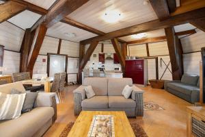 a living room with a couch and chairs and a table at Fewo Nordermühle in Pellworm