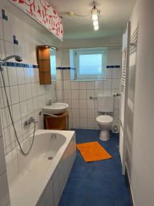 a bathroom with a tub and a toilet and a sink at Ferienhof Rohrbachhof in Schiltach +23 photos