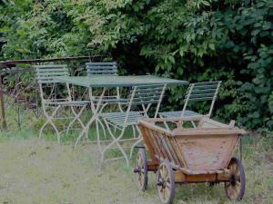 a table and chairs and a cart in the grass at Ferienwohnung Zur Eisenbahn in Fladungen