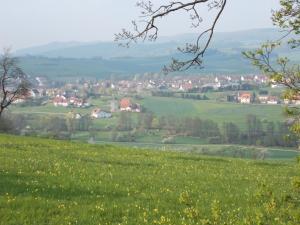 a green field with a town in the distance at Ferienwohnung Zur Eisenbahn in Fladungen +30 photos