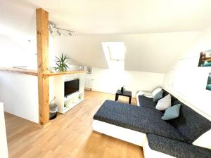 a living room with a couch and a fireplace at Osserblick Galerie in Lohberg