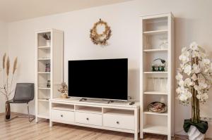a living room with a television on a white entertainment center at Ferienwohnung Weinberg in Markt Einersheim
