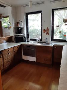 a kitchen with a sink and a window at Ferienhaus mit Schwimmhalle in Burgthann