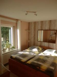 a bedroom with a bed with a mirror and a window at Heidtschmidhof Abendsonne in Wolgast