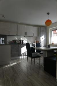 a kitchen with a table and chairs in a room at Müritz - Domizil in Waren