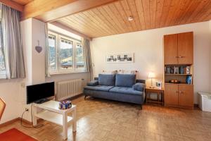 a living room with a blue couch and a tv at Fidelis-Bühl Muggenbrunn in Todtnau
