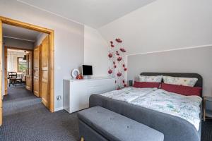 a bedroom with a bed and a chair and a television at Fewo Omatina in Bannewitz