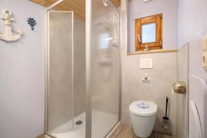a bathroom with a shower and a toilet at Bungalow Hörselberg, Bgl 15 in Dranske +12 photos