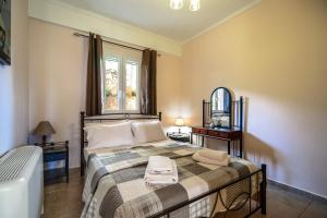 a bedroom with a large bed and a mirror at Zoi studio in Kefallonia