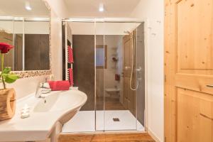 a bathroom with a sink and a shower at Schildberghof Ortler in Kastelruth +32 photos