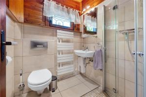 a bathroom with a toilet and a sink and a shower at Haus-am-Harz Bad Gandersheim in Bad Gandersheim +19 photos