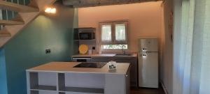 a kitchen with a counter and a refrigerator at El Racó d'Espunyes in Oden