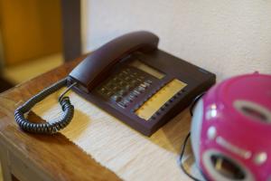a black phone sitting on a table next to a mouse at Ferienhaus Carpin in Carpin