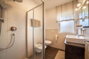 a bathroom with a shower and a toilet and a sink at Schnitzer Ferienwohnung Löwenzahn in Rablà +15 photos