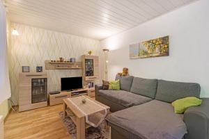 a living room with a couch and a tv at Ferienbungalow 2 in Boitzenburg in Boitzenburg +18 photos