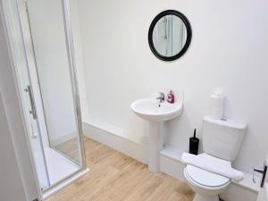 a bathroom with a toilet and a sink and a mirror at Salton Lodge Barns in Great Edston