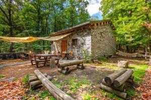 a cabin in the woods with a picnic table and a tent at Bosco Magaudo - Casa U Parmento in Linguaglossa