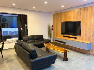 a living room with a couch and a flat screen tv at Luxury Duplex With Private Pool in Eilat