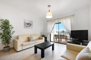 a living room with a couch and a tv at Chez Hélène et Paulo - Lagos in Lagos