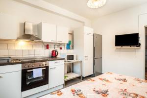 a kitchen with white appliances and a tv on the wall at Nguyen und Le 2 in Neukirch