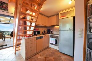 a kitchen with a ladder and a refrigerator at Villa Casa Bianca Purple Apartment in Gaios