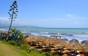 a beach with chairs and straw umbrellas and the ocean at Avra in EFL