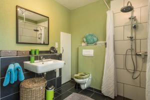 a bathroom with a sink and a toilet and a mirror at Ferienhaus Landlust-Karsee in Wangen im Allgäu +21 photos