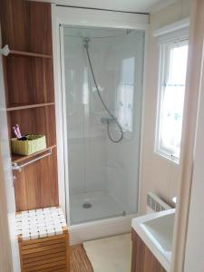 a shower with a glass door in a bathroom at Tonis Hütte in Hohenfels +19 photos