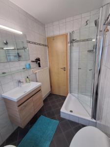 a bathroom with a shower and a sink and a toilet at Tobel Lounge in Sigmarszell +15 photos