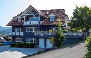 a blue house with a brown roof at Ferienwohnung Echle in Oberharmersbach
