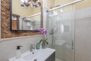 a bathroom with a sink and a glass shower at Loft Rural Orenetes ideal parejas in Sant Jaume dels Domenys +20 photos