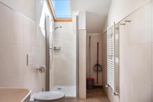 a bathroom with a shower and a toilet and a sink at Mongaduierhof Apt Tschafon in Umes +18 photos