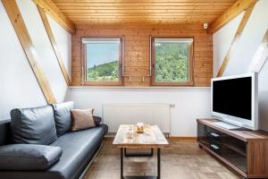 a living room with a couch and a tv at Haus Grünblick in Münstertal
