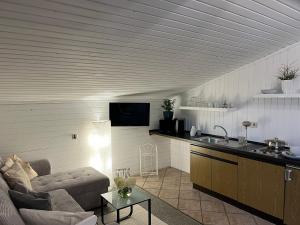a living room with a couch and a kitchen at Wolfbachgut - Ferienwohnung 5 in Taxenbach +8 photos