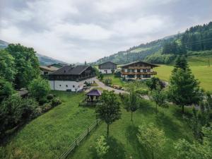 an aerial view of a village with houses and trees at Wolfbachgut - Ferienwohnung 5 in Taxenbach