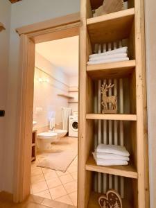a room with a bathroom with a toilet and towels at Casa Clus Bormio apartments 3 in Valdisotto +29 photos
