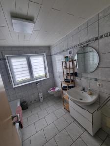 a bathroom with a sink and a mirror and a toilet at Ferienwohnung Biosphärenblick in Münsingen +20 photos